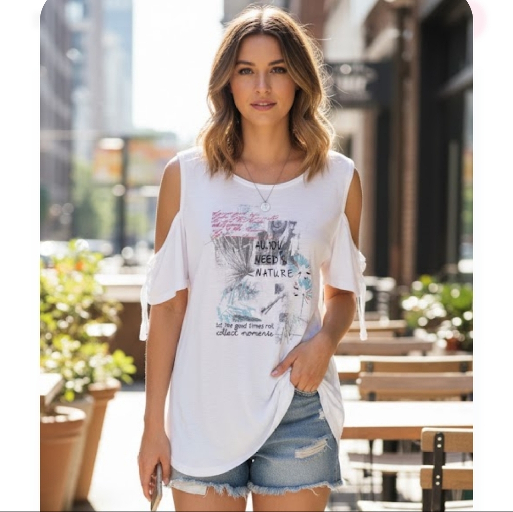 San Francisco Graphic Cold-Shoulder Top – Boho Nature Print -size XL